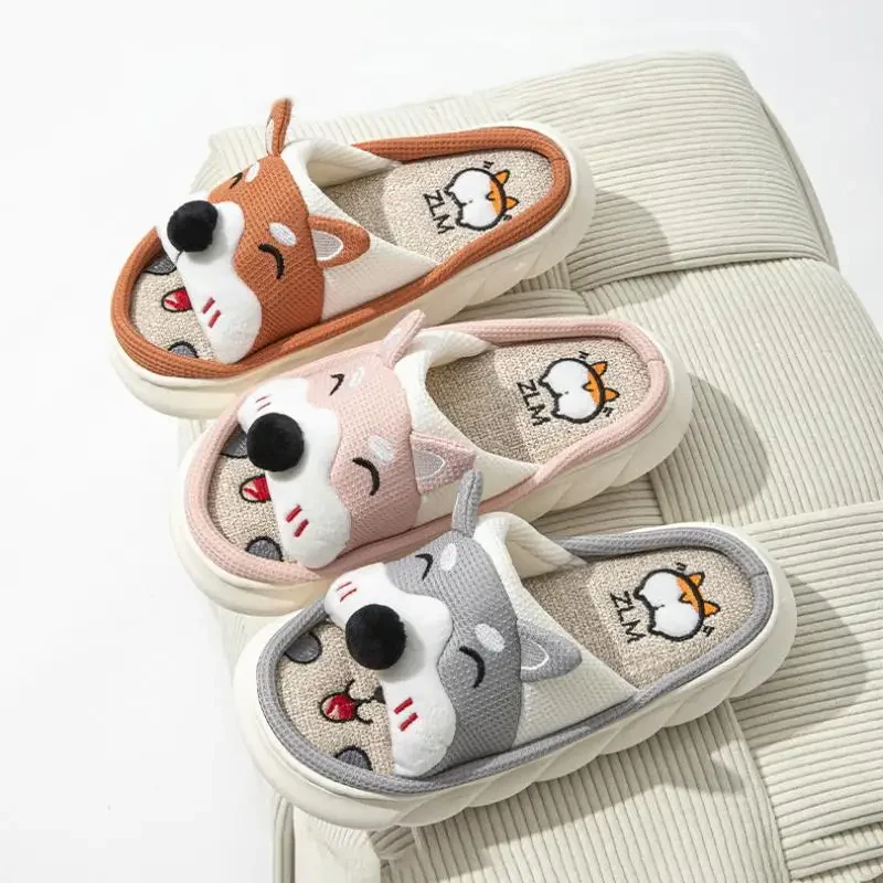 Linen Platform Slippers Women Home Cute Cartoon Dog Designer Shoes Girls Fashion Casual House Slipper Ladies Elegant Open Toe