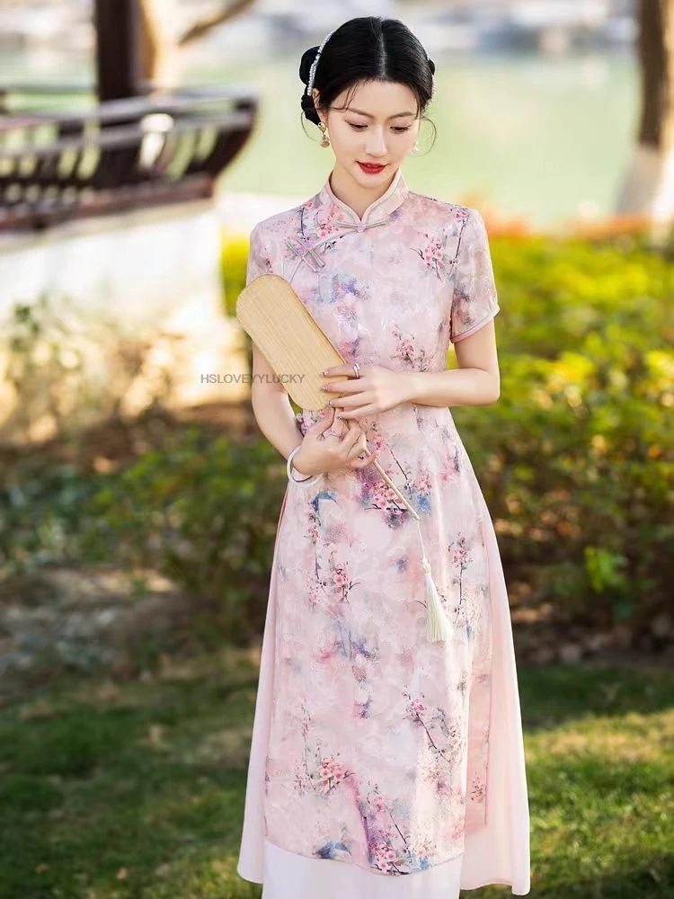 

New Chinese National Style Beautiful Pink Cheongsam Female Pink Temperament Dress Floral Vietnam Ao Dai Improved Qipao