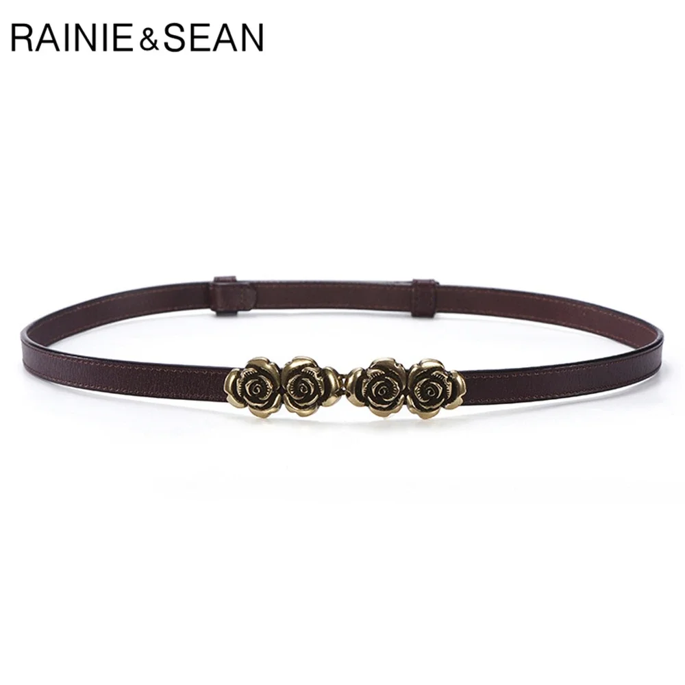 

RAINIE SEAN Coffee Real Leather Thin Women Belt Rose Floral Ladies Belts for Dresses Vintage Red White Black Female Strap Metal