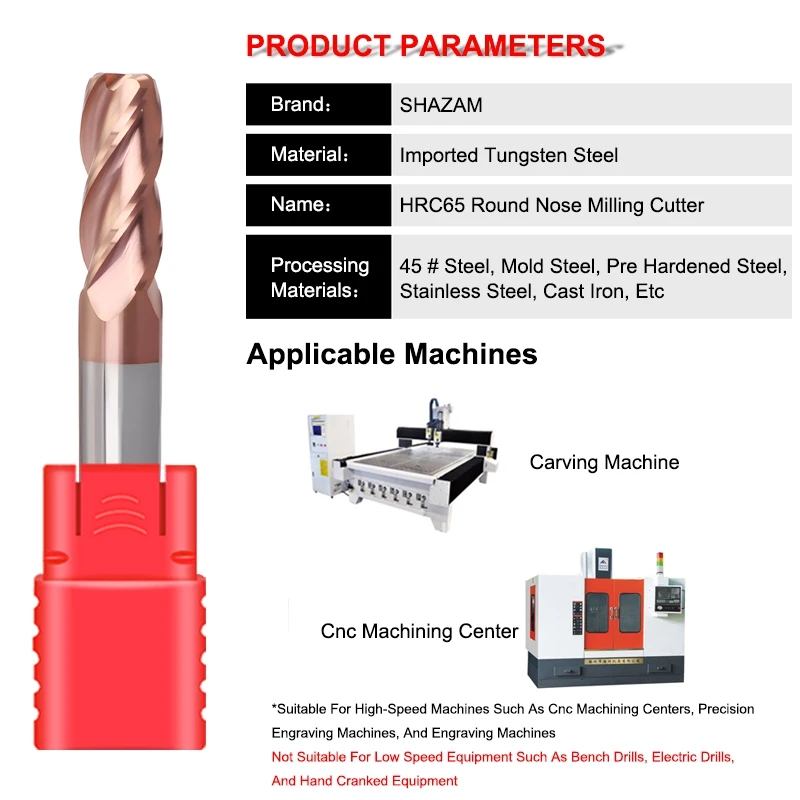 Imagem -02 - Shazam-tungstênio Aço Carboneto Redondo Nariz Fresa Centro Endmills Ferramentas Carboneto Nano Revestimento Hrc60 4-flute End Mill Usinagem Cnc