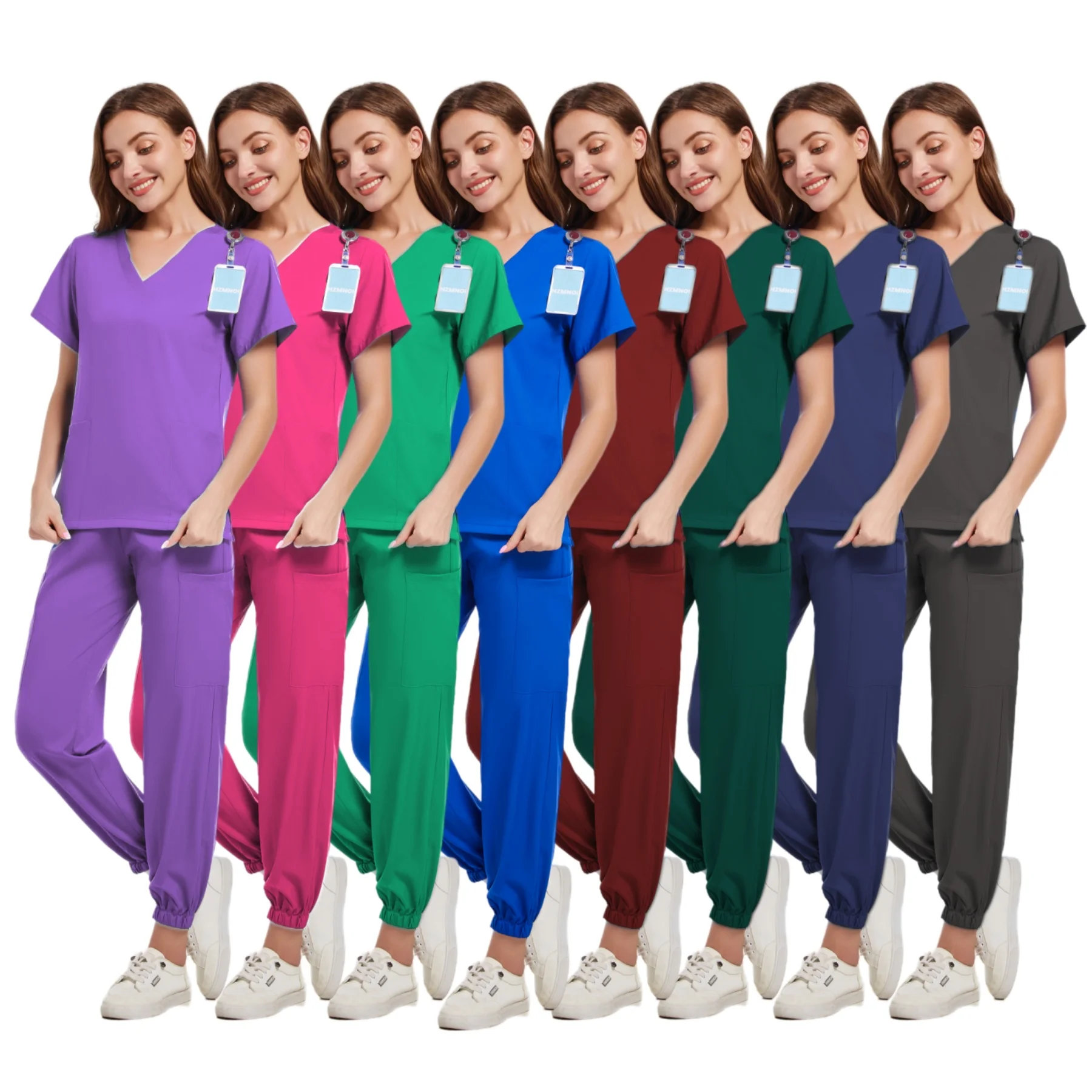 Medizinisches Zubehör Frauen elastische Peelings Uniform Sets Krankenhaus OP-Kleider Kurzarm Tops Jogger hose Anzug Arzt Kleidung