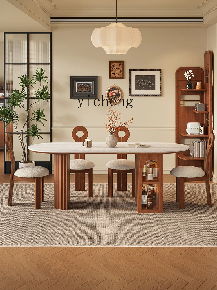 YFY  medieval travertine rock slab island dining table foldable storage multi-functional retro solid wood home dining table