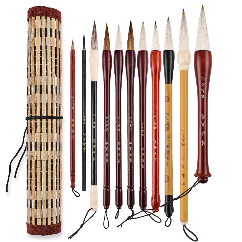 Chinese Painting Brush Suit 11 Piece Wolf and Goat Hair Brush Set with Roll Up Cloth Case for Landscape Figure and Fine Line