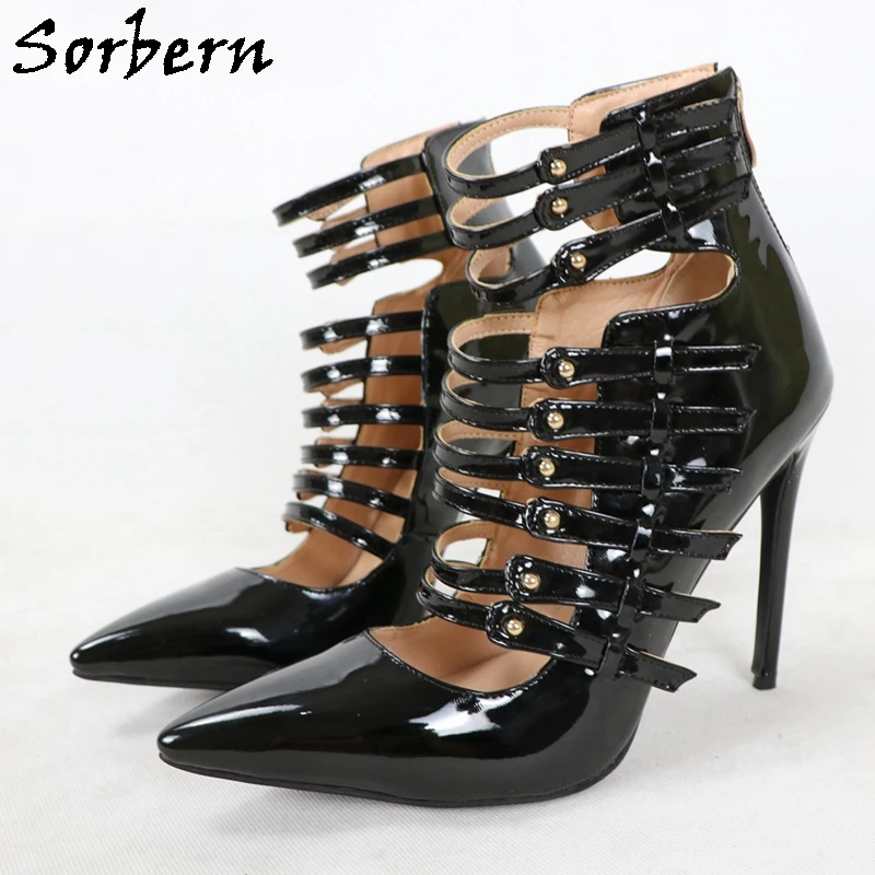 

Sorbern Black Shiny Gladiator Style Women Pump Shoes High Heel Stilettos Pointed Toe Multi Thin Straps Buckles Back Zipper
