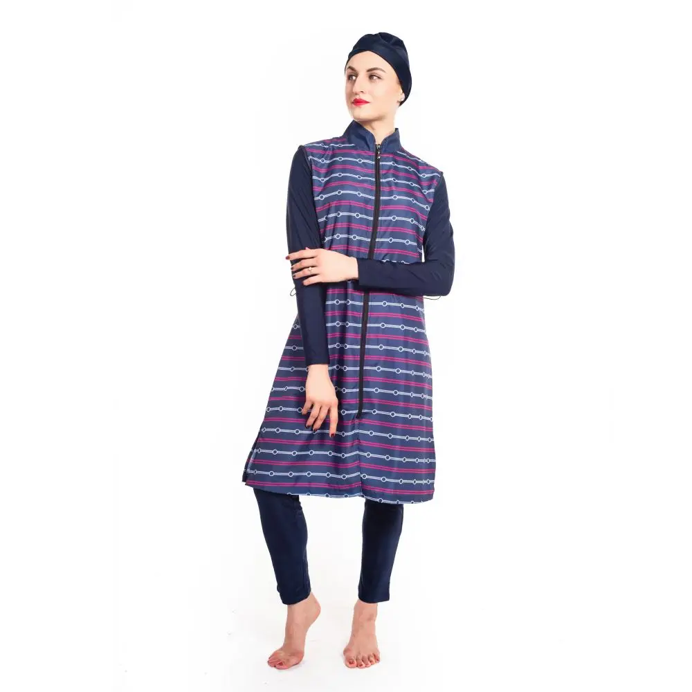 Burkini Muslim Swimwear for Women, Plus Size Swimsuit, Striped, Circle Printed, Plus Size, S-4XL, 3Pcs