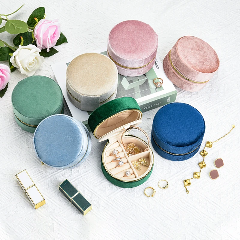 Circular Portable Velvet Ring Jewelry Box with Mirror Travel Hoop Earrings Jewelry Double Layer Storage Box with Mirror