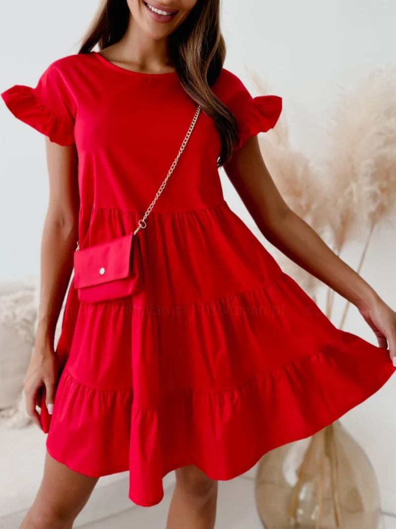 Moda damska letnia jednokolorowa sukienka trapezowa patchworkowy wzór O-Neck Flare z krótkim rękawem luźna talia swetry Mini sukienka