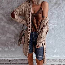 Vintage Women Oversized Hooded Long Cardigan Knitted Sweater Jumper Sweaters Knitted Plaid Casual Brown Coat Jersey Mujer Jacket