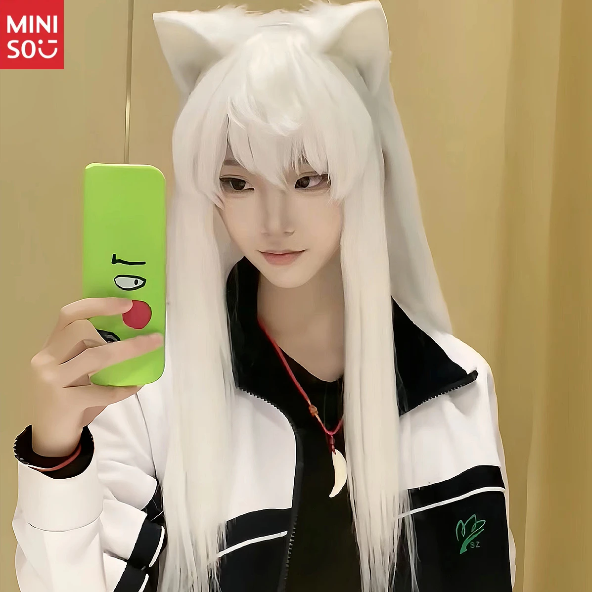 Pelo falso de salamandra dos encurtidos, pelo largo y liso blanco puro, progenitor de animación Cos de septiembre, flequillo japonés, cubierta para toda la cabeza