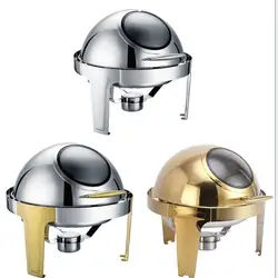 Luxury Large Stainless Steel Chefing Dish Gold 6.5L Big Roll Top Round Catering Chafing Dish Food Warmer