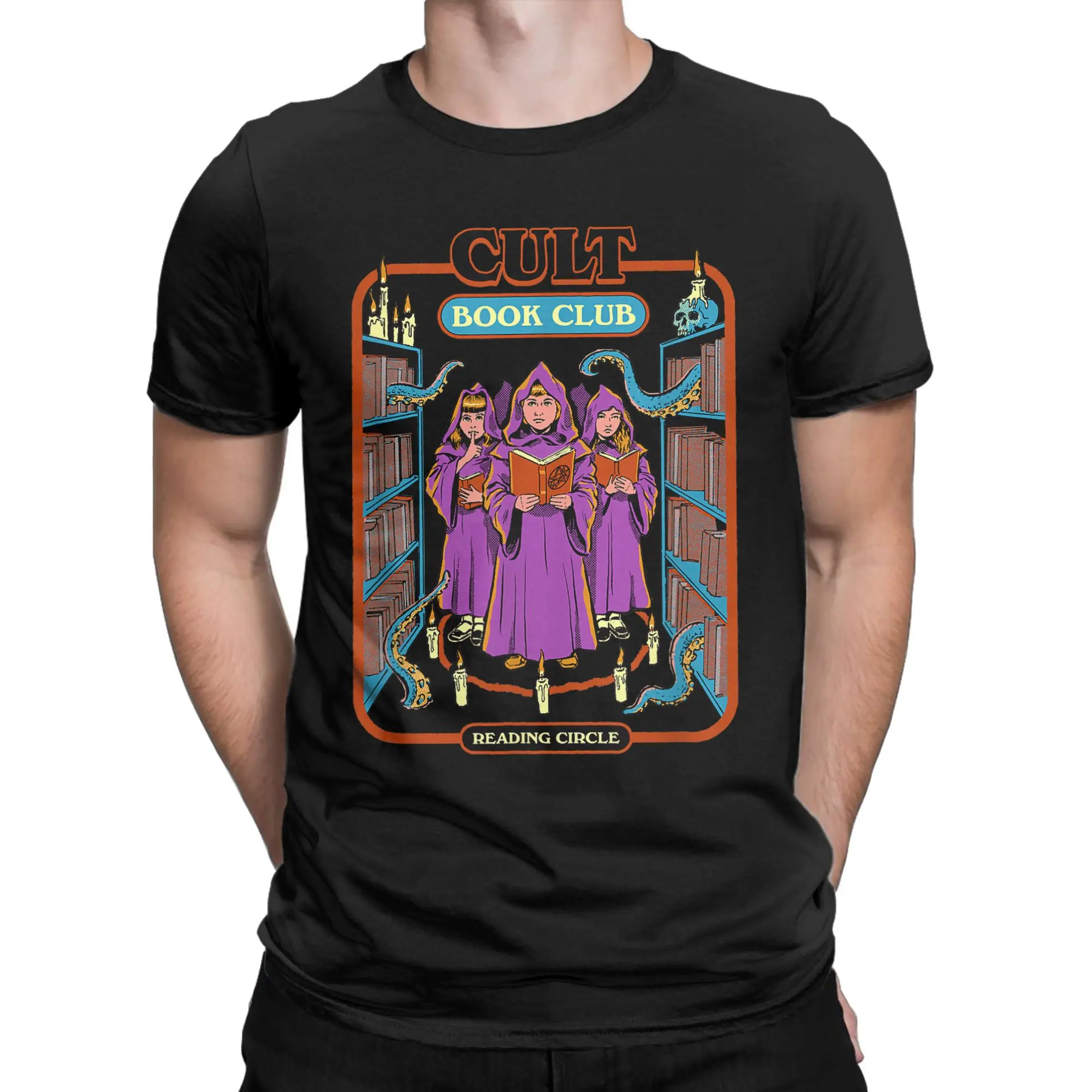 Men T-Shirt Cult Book Club Reading Circle Retro Dark Humor Awesome Cotton Tee Shirt Short Sleeve  T Shirts O Neck Tops Gift