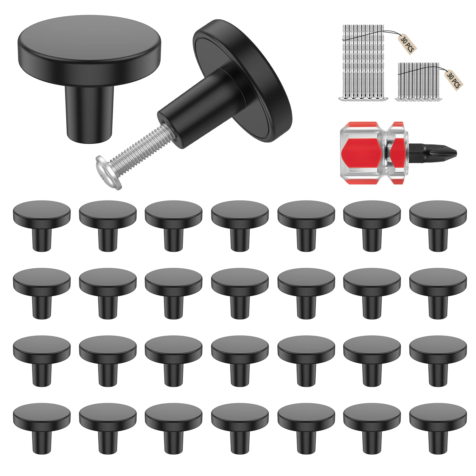 30Pcs Matte Black Cabinet Knobs Solid Zinc Alloy Round Drawer Pulls Handles with Screws Screwdriver for Kitchen Wardrobe Dresser