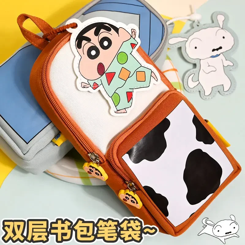 New Bandai Anime Cartoon Crayon Shin-chan Innovative Large Capacity School Bag Pen Bag Kawaii Student Portable Stationery Gift