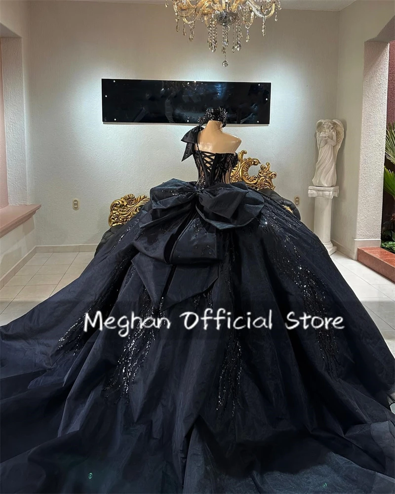 Mexico Black One Shoulder Sequin Quinceanera Dress Ball Gown Bead Applique 2024 Birthday Dress Bow Princess Gown Customized