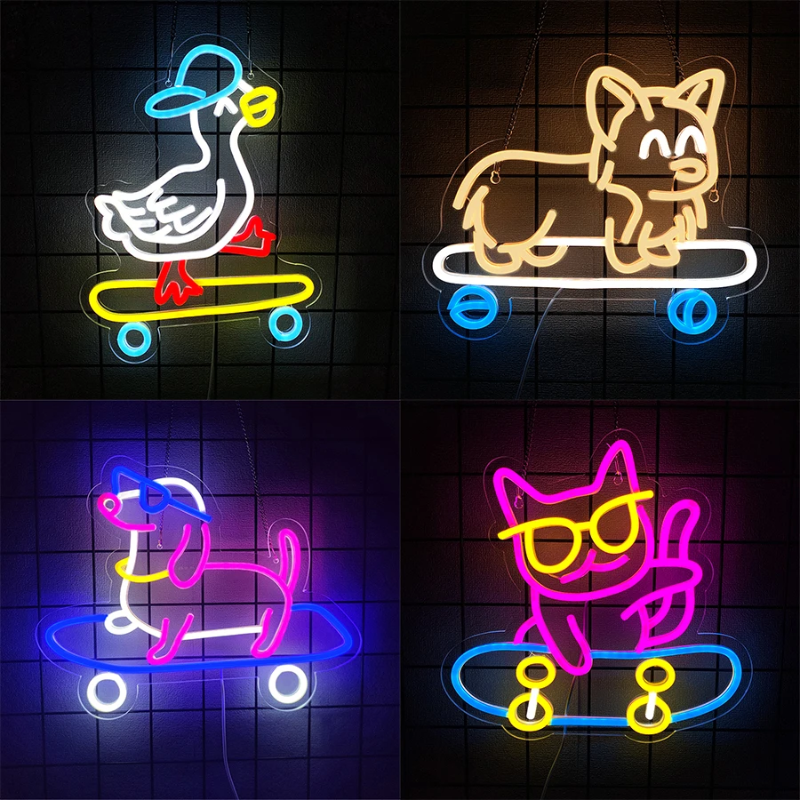 Anime Led Neon Sign, Animal Skateboard Cute Icon, Bedroom, Bar, Club, Game Room Decor, Birthday Party Gift For Boys And Girls.