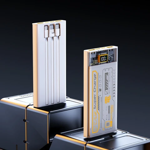 (CCC)PD100W 20000/30000/50000 мАч Power Bank в стиле Mecha для iPhone, Samsung и Xiaomi с встроенным кабелем