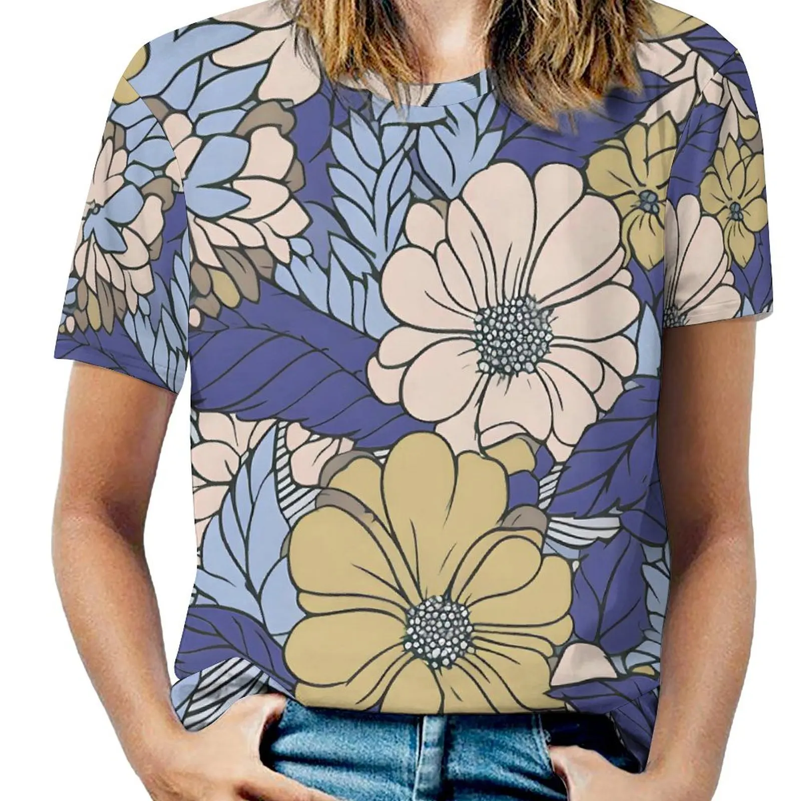Female T-Shirt Retro Floral O Neck T Shirts Short Sleeve Flowers Print Pretty Printed Tops Street Wear Top Tees Big Size 5XL 6XL