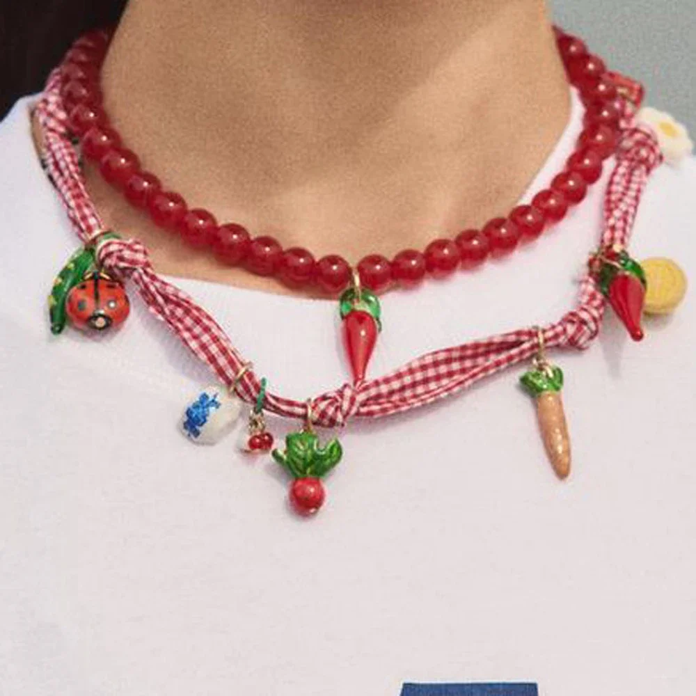 Cute Red Double Layer Bead String Chili Carrot Strawberry Grape Pendant Necklace New Trendy Vegetable Fruit Women's Neck Jewelry