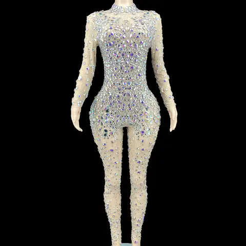 Sparkly AB Rhinestones Jumpsuit Women Birthday Party Celebriate Evening Prom Outfit Sexy Mesh Crystal Rompers Show Stage Wear