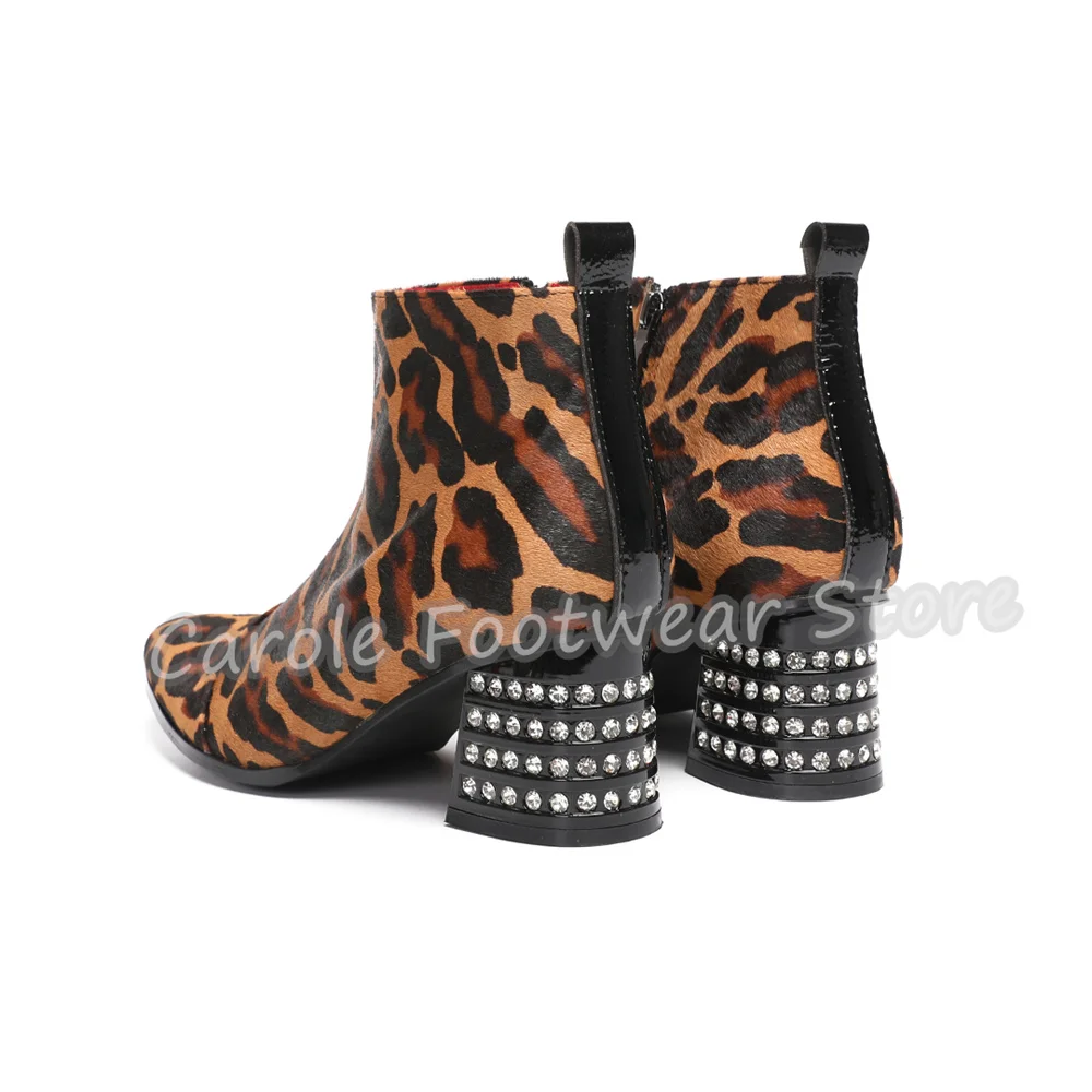 Leopard Print Genuine Leather Ankle Boots Male Round Toe Rhinestone Chunky Heel Chelsea Boots Vintage Party Dress Short Boots