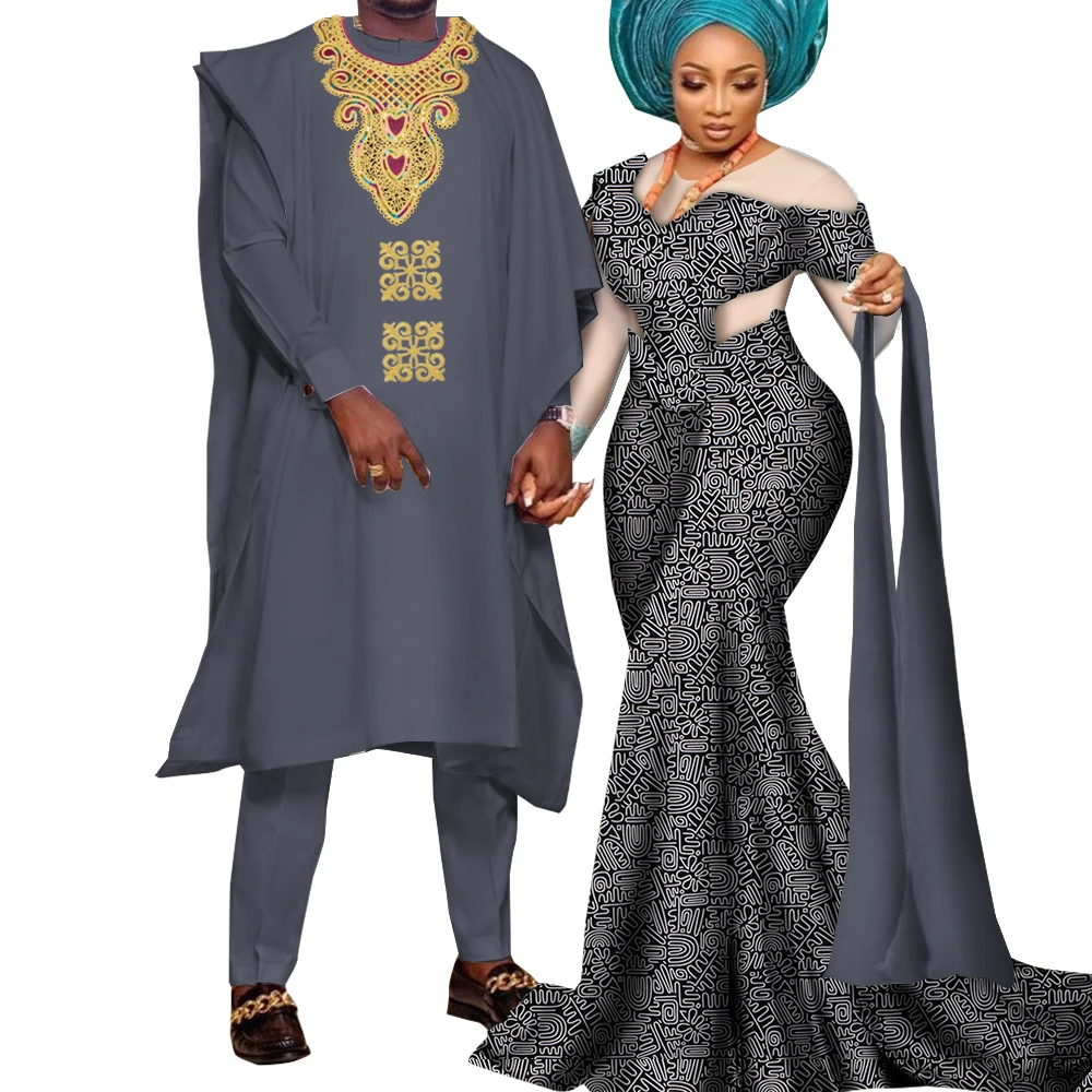 2024 African Couple Clothes Party Dresses for Women Riche Men Print Robe Shirt with Trousers Suits Sets Wedding Clothing Wyq922