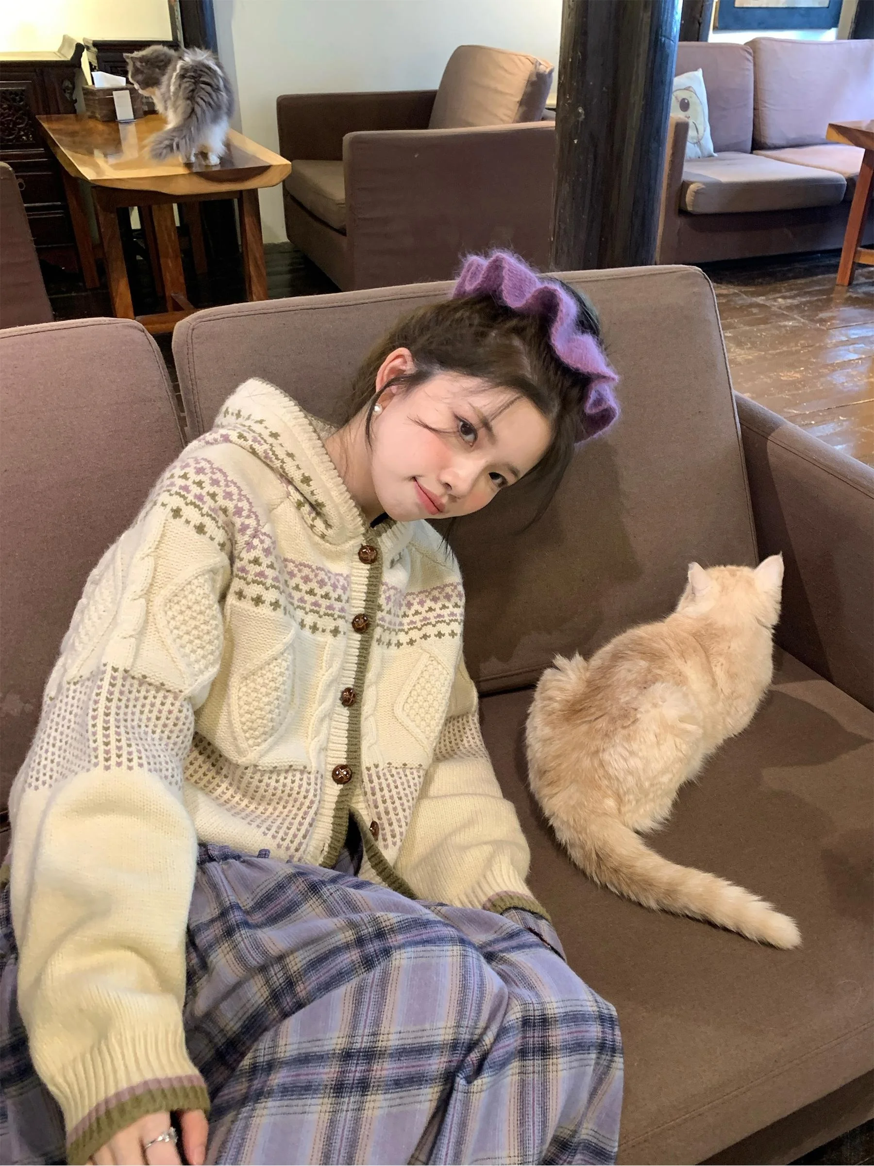 

Hi Hi Dry Cup Slightly Drunk Little Du Home Korean Sle Retro Knitted Flower Sweater for Women Loose Fit Long Sve