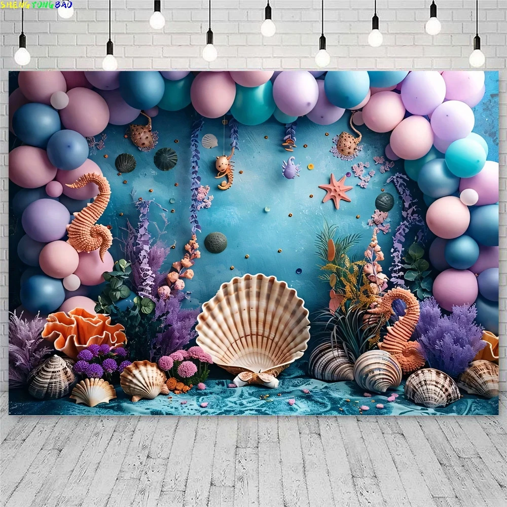 Photography Background Little Mermaid Shell Balloon Princess Birthday Cake Smash Portrait Decor Backdrop Photo Studio