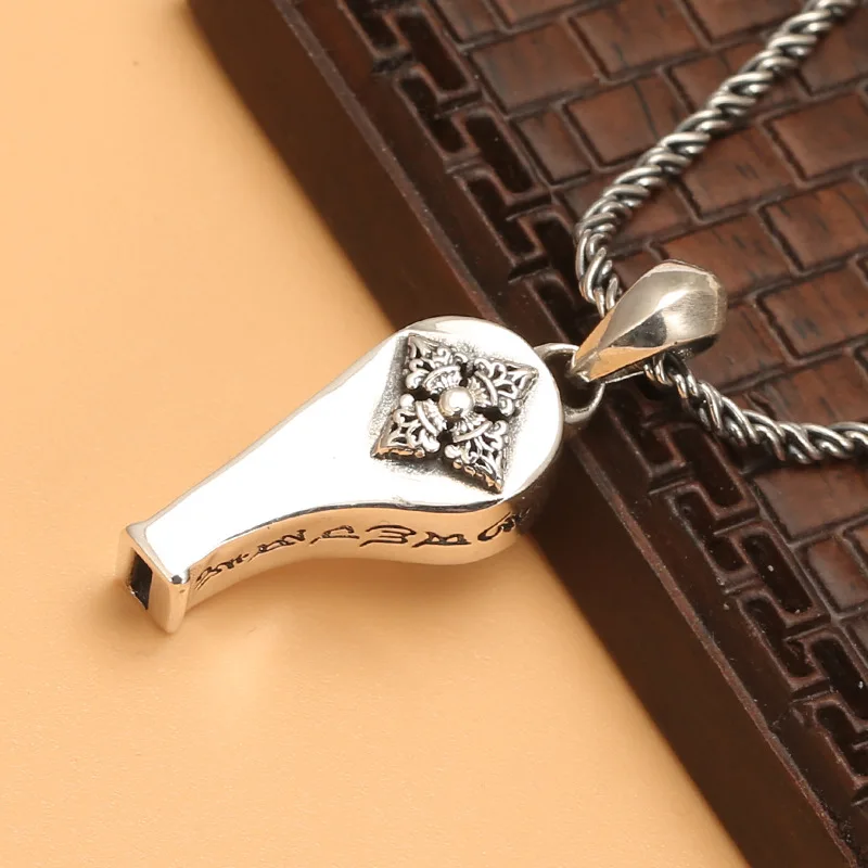 

S925 sterling silver six-character mantra whistle pendant retro thai silver stylish necklace pendant can be blown silver whistle