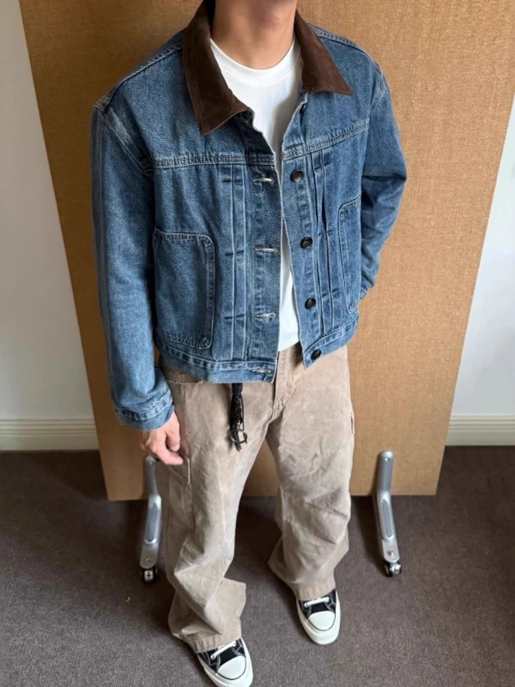 

American Vintage Denim Jacket Men Women Cleanfit Collared Coat Brown Suede Trimmed Short Jacket Streetwear Loose Denim Outerwear