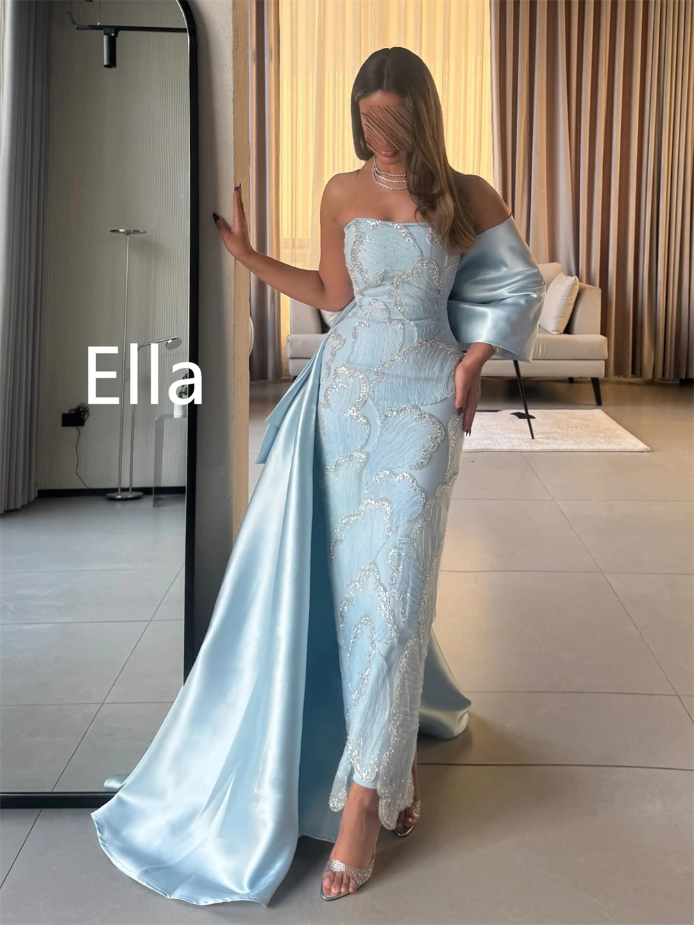 Customized Soft Blue Satin Evening Dress Temperament Strapless Prom Dress High Quality Court Train Bespoke Occasion Gowns