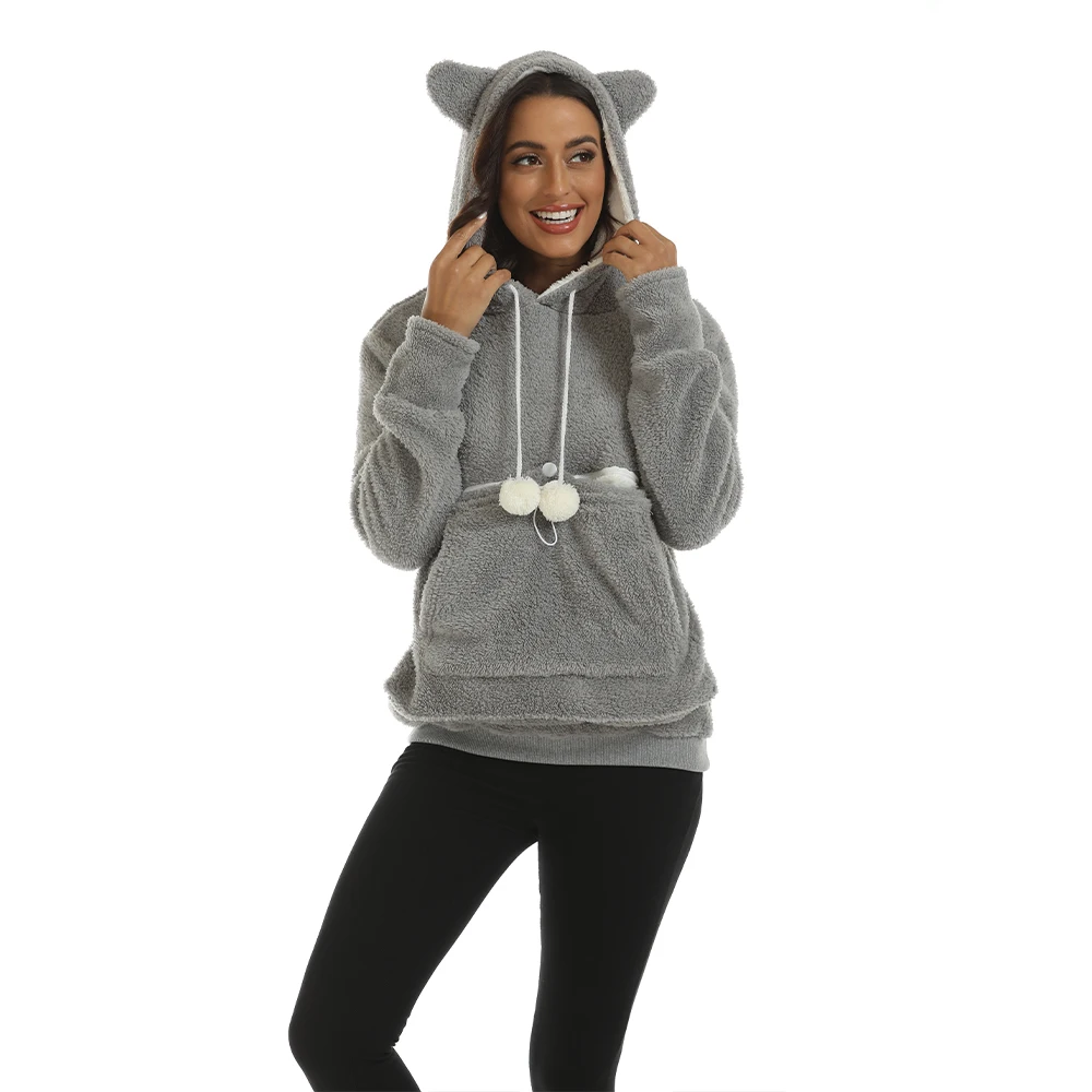 Sweat-shirt à capuche pour femmes, mignon, pour animaux de compagnie, livraison directe, avec oreille, dessin animé, grande pochette, manches longues, ample, pull en peluche, automne 2024