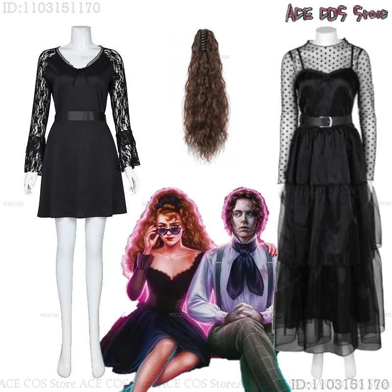 Lisa Cosplay Frankenstein 2024 vestido de encaje gótico traje negro mujeres Halloween Navidad película Cosplay disfraz fiesta cola de caballo peluca