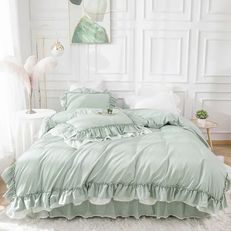 100%Cotton Solid Color Bedding Sets Princess Double Layer Ruffles Quilt/Duvet Cover Bedspread Bed Skirt Pillowcases Home Textile