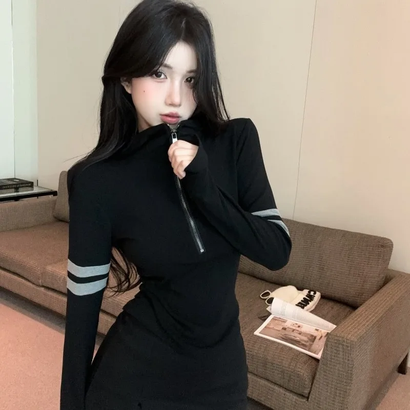 

Women's Slim Fit Fce Lined Knitted Base irt Casual Sle Long Sve Thi Winter Top Two Bars Design Tirt