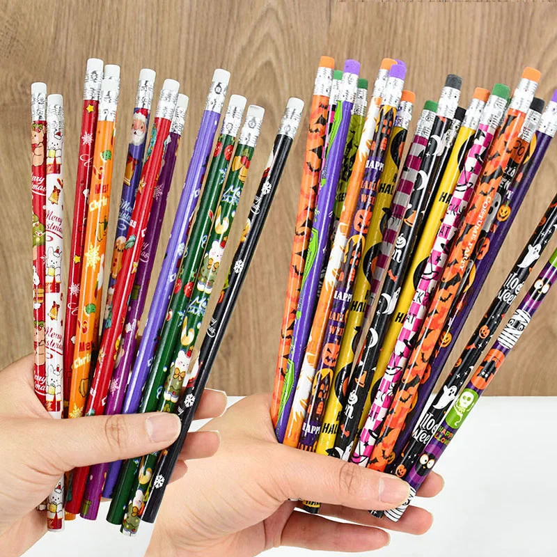 12/24Pcs Wooden HB Pencil With Eraser Christmas Halloween Football Kid Drawing Pencil Birthday Party Gift Bag Fillers Stationery