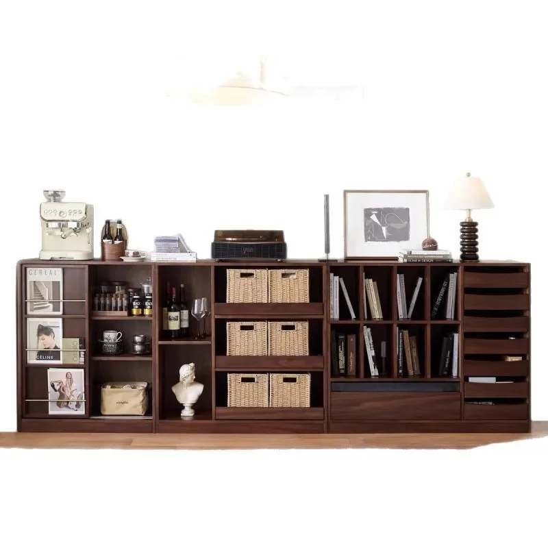 Combinação de estante integrada de madeira maciça, porta deslizante de parede para sala de estar, armário de chão, porta de vidro, cabine de exibição de armazenamento