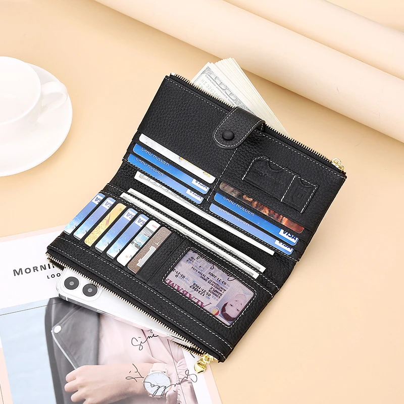 Western Double Zipper Hasp Genuine Leather RFID Blocking Women Wallet Large Capacity Coin Purse for Ladies