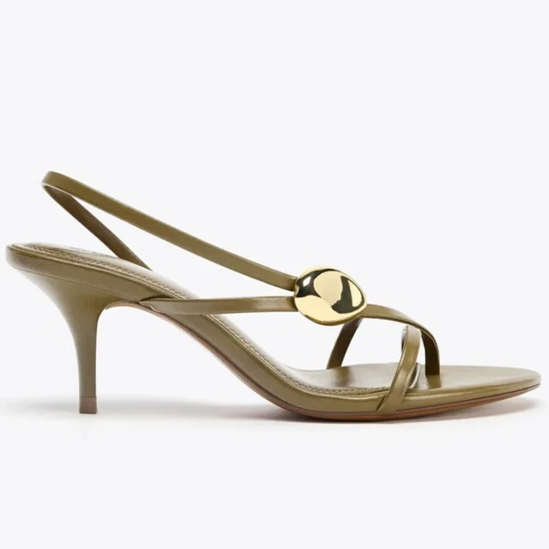 

Elegant Metal Decoration Thin High Heels Women Open Toe Narrow-band Sexy Party Dress Shoes Fashion Brand Sandals Women Pumps