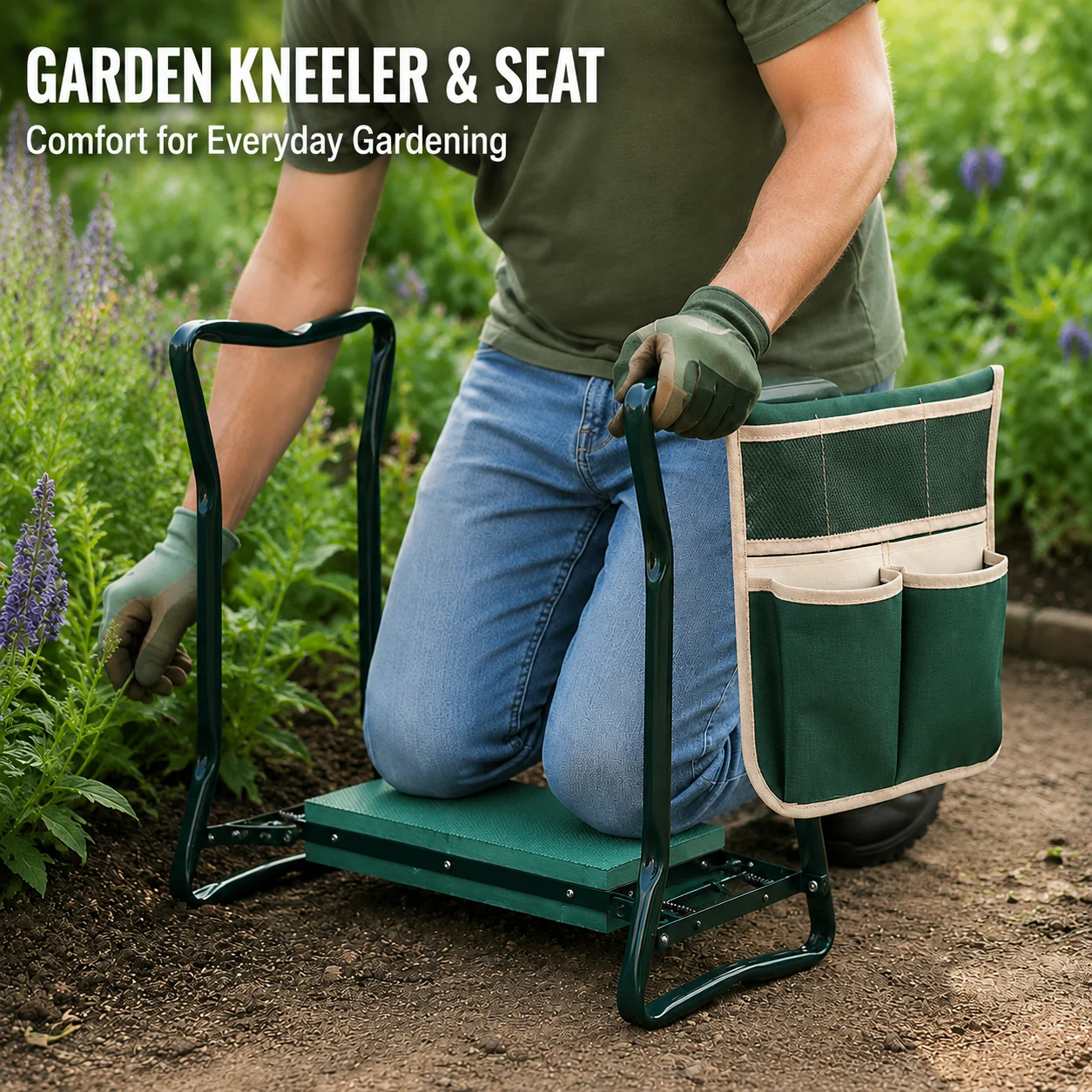 Garden Kneeler and Seat Folding Gardening Stool with EVA Kneeling Pad Tool Pouch and Support Handles for Weeding Planting