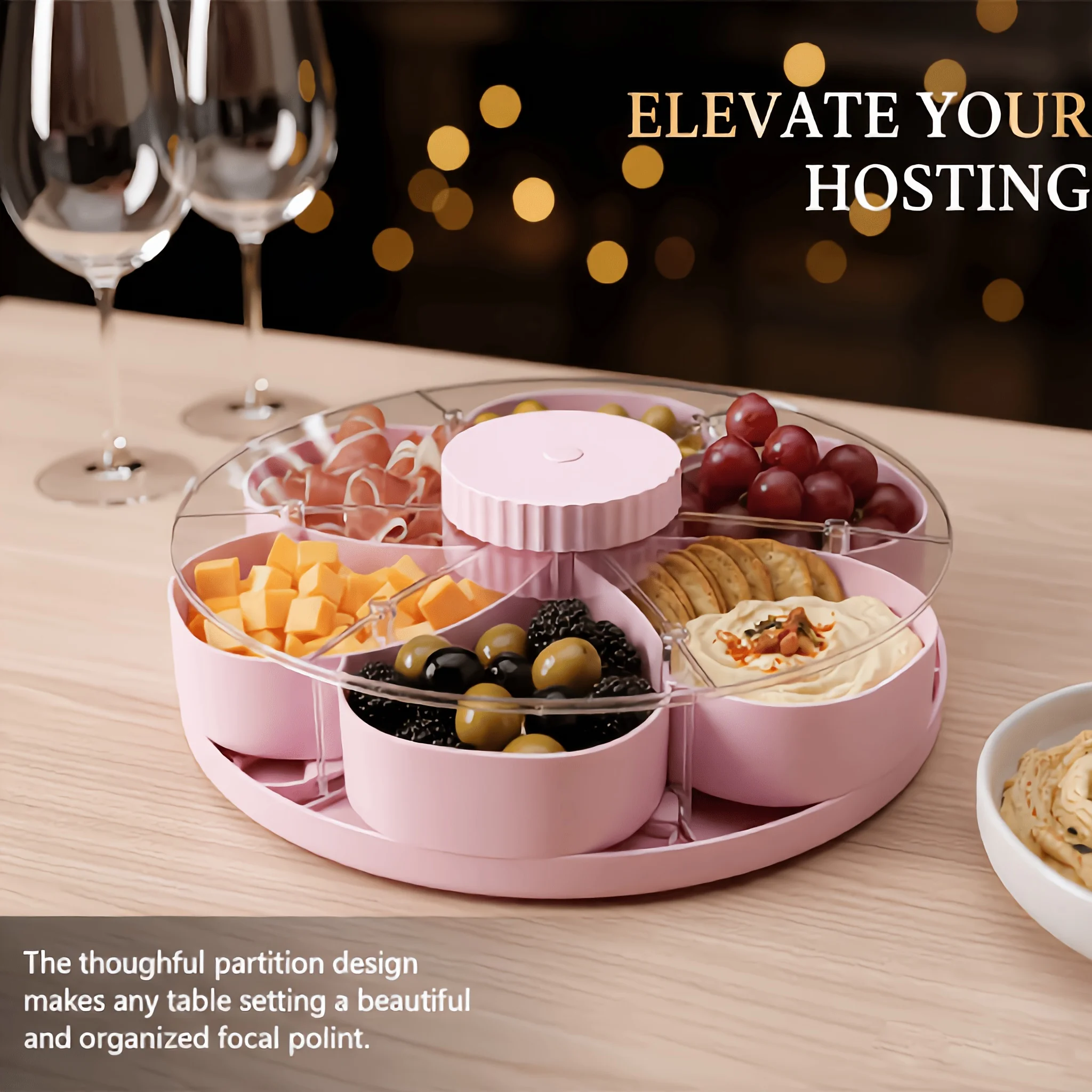 360° Rotating Lazy Susan Snack Tray with Lid 6-Compartment Divided Serving Platter Board Parties Picnics Appetizers Nuts Fruits