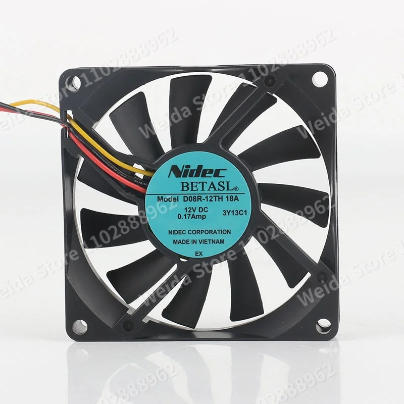 Original Nidec DC12V 0.17A 8CM Silent Double ball Bearing 80X80X15MM Three-wire D08R-12TH 18A cooling fan