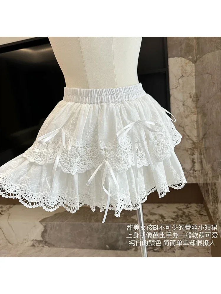 

Women's White Lace A-line Skirt Vintage Y2k Kawaii Mini Skirt Harajuku Korean Elegant Skirts 90s Aesthetic 2000s Clothes Summer