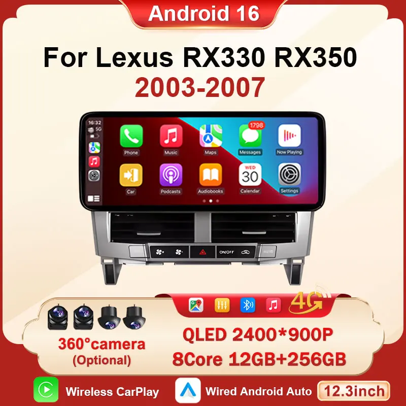 

Интеллектуальный Android 16 Auto 2400*900P 12,3-дюймовый мультимедийный Bluetooth-плеер для Lexus RX330 RX350 2003-2007 с Wi-Fi, GPS, Carplay, DSP