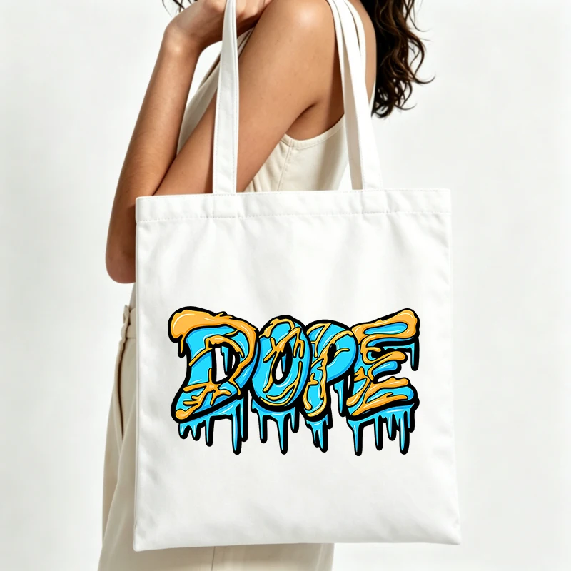 typography print canvas tote bag, streetwear style for daily shopping and casual outings