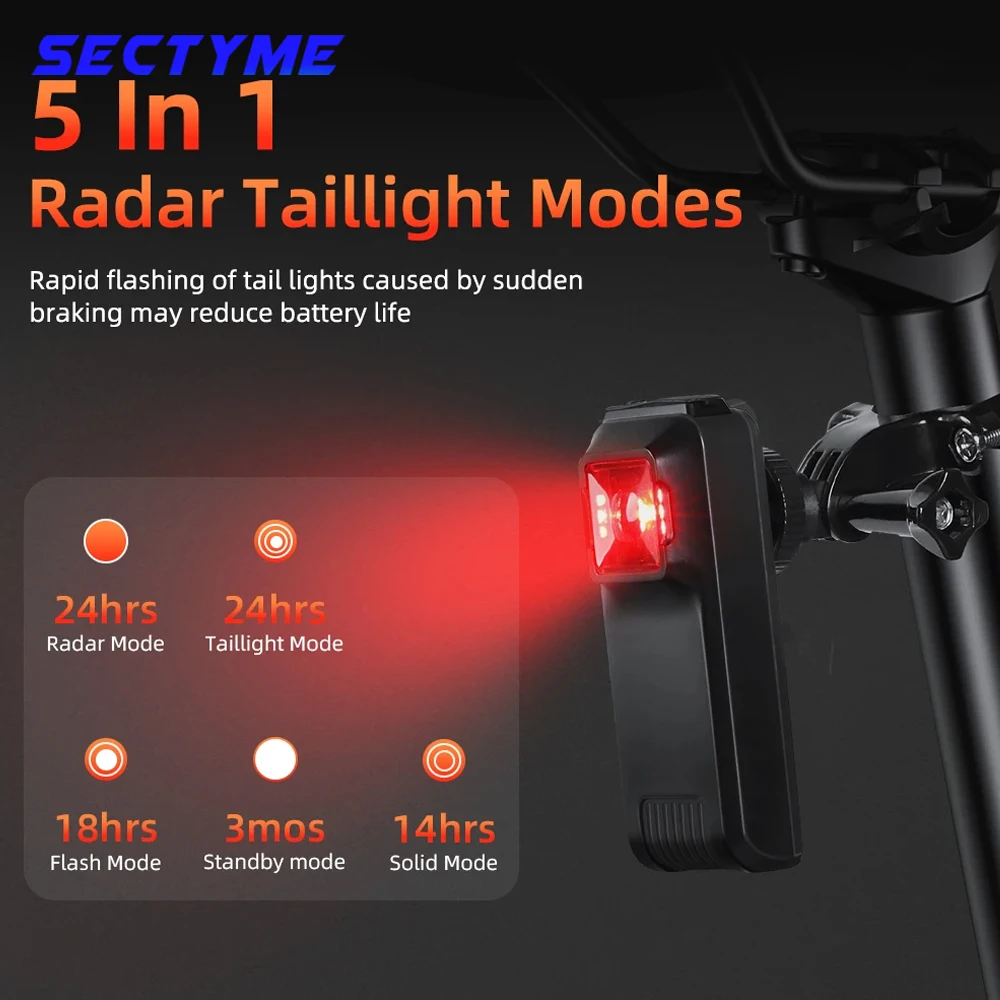 Sectyme Bicycle Smart Radar Tail Light Bike Safe Rear Lamp Blind Spot Monitor IPX6 Waterproof Brake Sensing Lamp 4 Lighting Mode