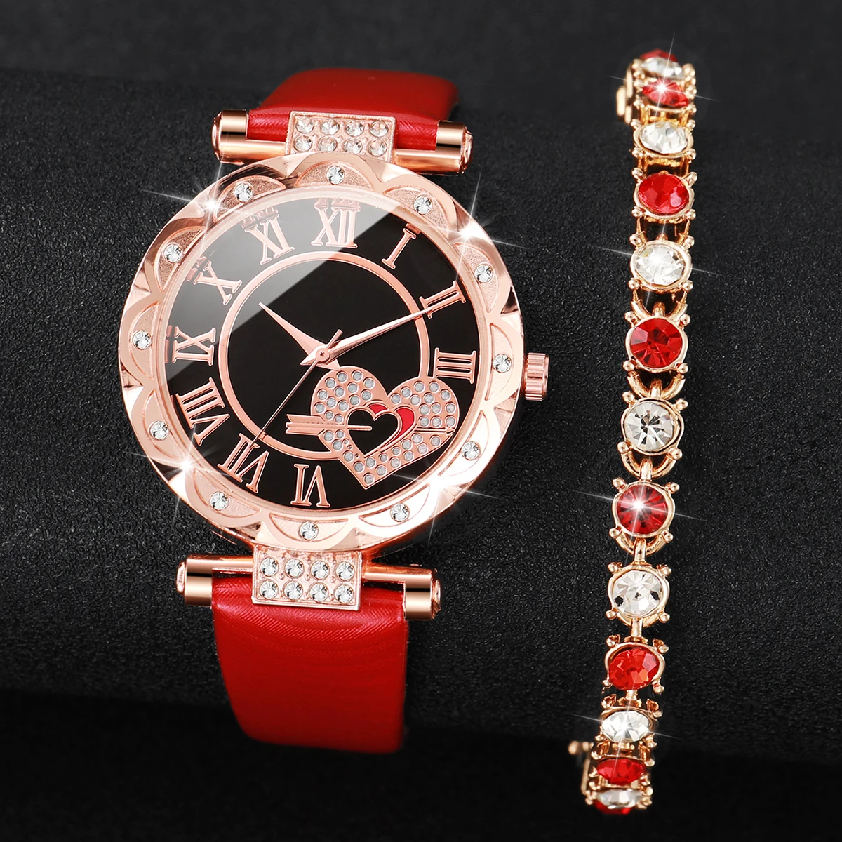 2pcs/set Women Fashion Leather Band Analog Watch with Diamon Bracelet