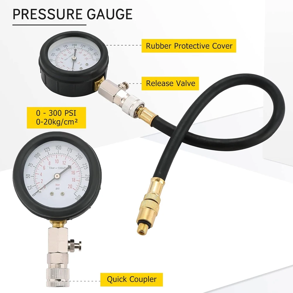 Imagem -02 - Professional Kit Gasolina Motor Compressão Tester Combustível Cilindro Pressure Gauge Tool Grupo Carro Caminhão Motocicletas 0300 Psi Pcs