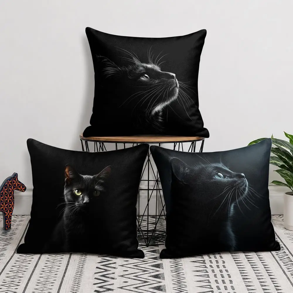 Black Cat Cute Kitty Cushion Cover Silky Short Plush Invisible Zipper Dustproof Sofa Pillow Case For Home Decor