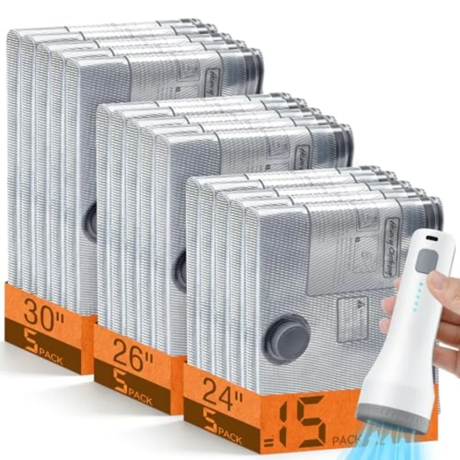 

15 Pack Vacuum Storage Bags for Travel with Rechargeable Cordless Pump, Space Saver Bags for Clothes, Compression Packing Bags