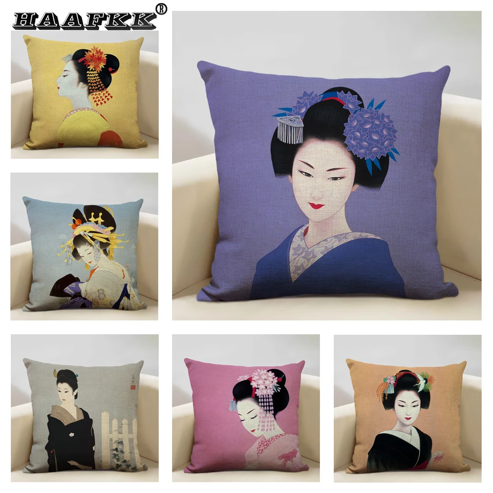 Japanese Female Portrait Decorative Cushion Cover Home Living Room Sofa Pillow Case 45x45cm Fashion Home Accessories